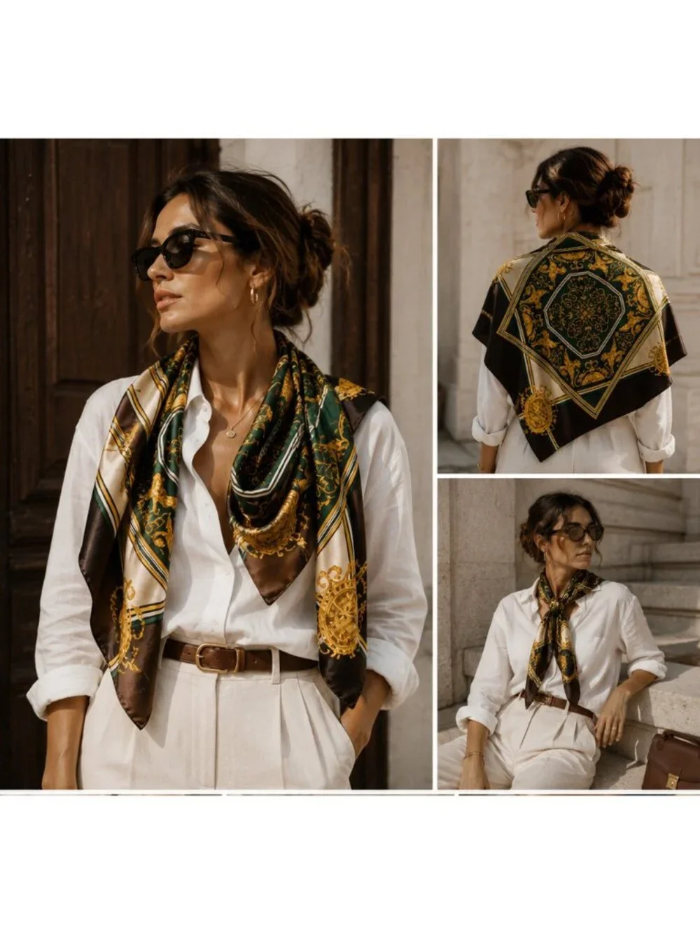 Gita Vintage Silk Scarf Baroque Griffin Medallion Green Gold Brown 30” Square